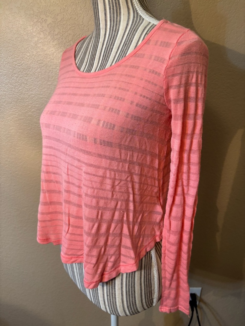 Forever 21 Top Small Coral Pink Semi-Sheer Striped Long-Slv Boat Neck Stretch - Picture 6 of 14